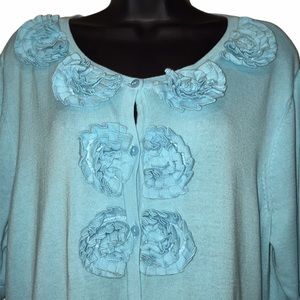 CJ BANKS Seafoam Green Rosette Cardigan Sweater~1X~Rosette Embellishments